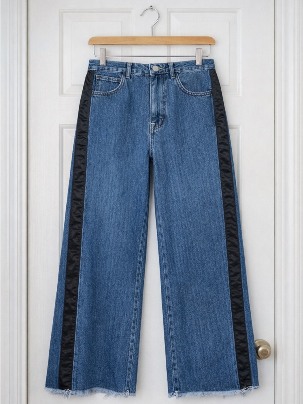 Pilcro Anthropologie Wide Leg Tuxedo Stripe Jeans Black Satin Side Stripe Sz 33